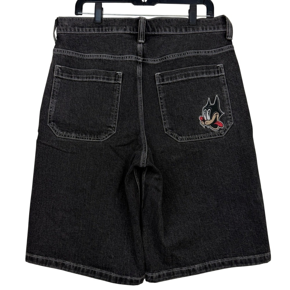 NEW Hollister Super Baggy Jean Shorts Mens 32 Black Embroidered Cartoon Patch